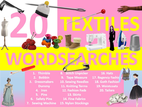20 x Textiles Technology Wordsearch Sheet Starter Activity Keywords Cover Homework Clothes