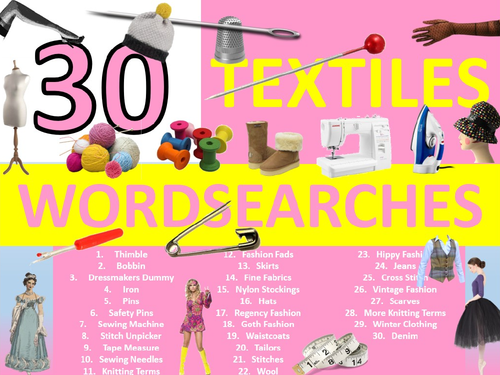 30 x Textiles Technology Wordsearch Sheet Starter Activity Keywords Cover Homework Clothes