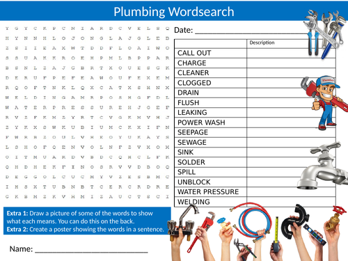 Plumbing Wordsearch Sheet Starter Activity Keywords Cover Homework Plumbers Career