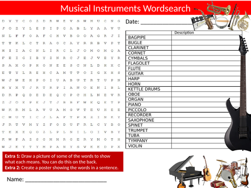 5 x Musical Instruments Wordsearch Sheet Starter Activity Keywords Cover Homework Music