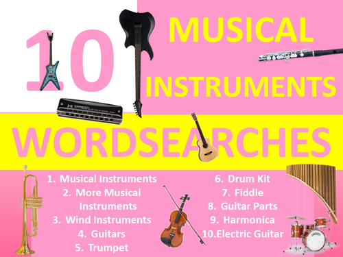 10 x Musical Instruments Wordsearch Sheet Starter Activity Keywords Cover Homework Music