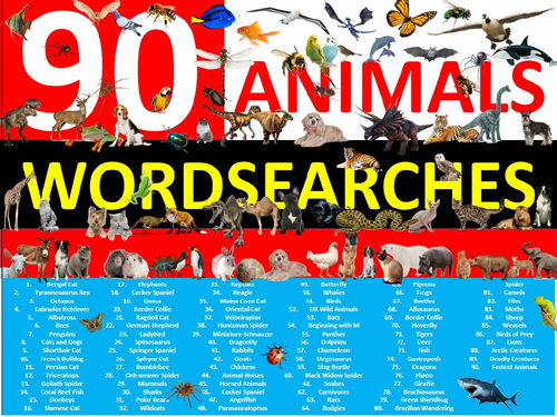 90 x Animals Wordsearch Animal Creatures Wordsearches Starter Settler Activity Homework Cover Nature