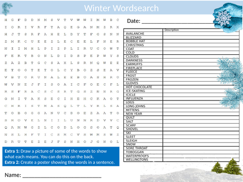 Winter Wordsearch Sheet Starter Activity Keywords Cover Homework Geography Nature & Seasons