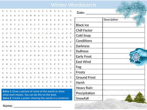 4 x Winter Wordsearch Sheet Starter Activity Keywords Cover Homework Geography Nature Seasons