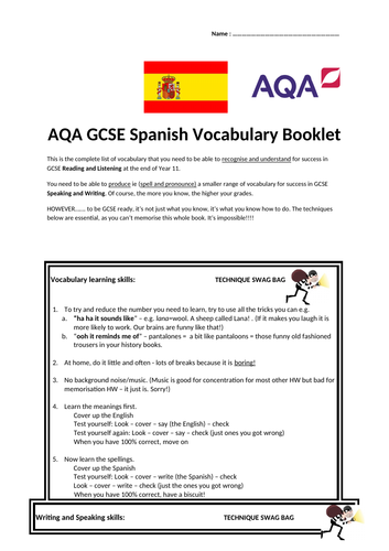 AQA GCSE Spanish Vocabulary Booklet