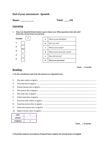 Spanish end of year assessment year 7