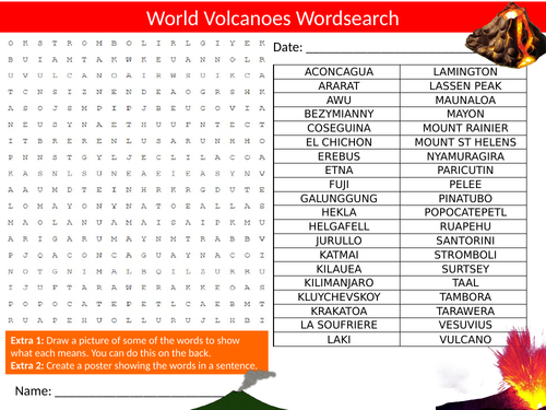 World Volcanoes Wordsearch Sheet Starter Activity Keywords Cover Homework Geography Geology