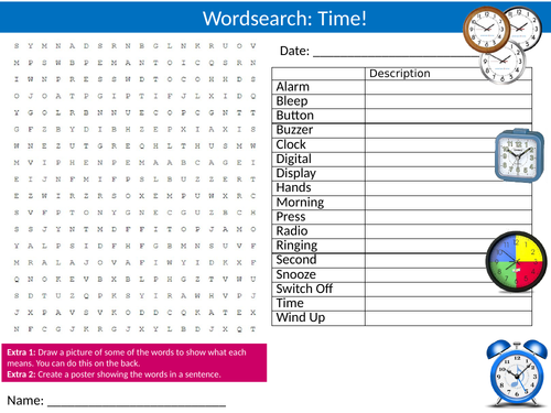 4 x Time Wordsearch Sheet Starter Activity Keywords Cover Homework Telling The Clocks
