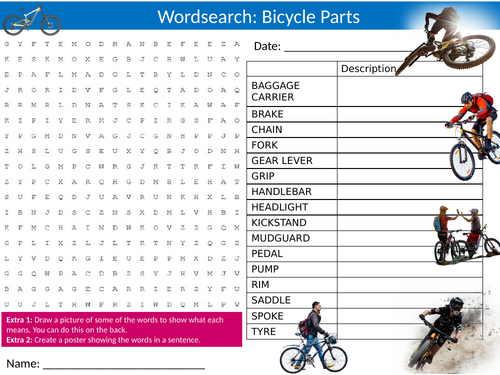 Bicycle Parts Wordsearch Sheet Starter Activity Keywords Cover Homework Bike Cycling Sports