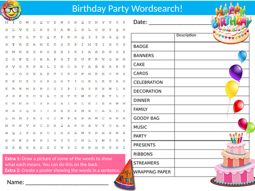 Birthday Party Wordsearch Sheet Starter Activity Keywords Cover Homework Birthday Celebration
