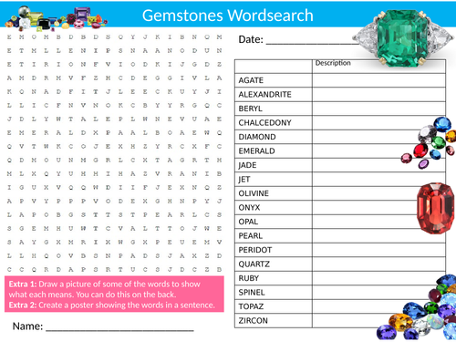 Gemstones Wordsearch Sheet Starter Activity Keywords Cover Homework Precious Stones Geology