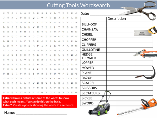 Cutting Tools Wordsearch Sheet Starter Activity Keywords Cover Homework Design Technology