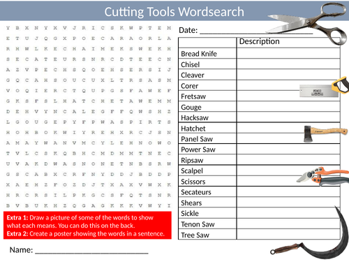 2 x Cutting Tools Wordsearch Sheet Starter Activity Keywords Cover Homework Design Technology