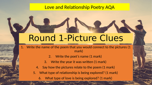 An extensive class quiz, to revise all the poems in  AQA Love and Relationships anthology