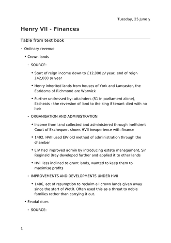 Henry VII's finances notes