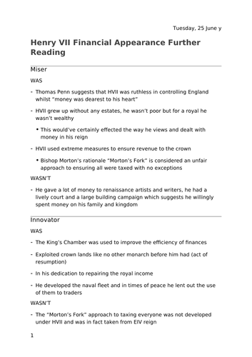 Henry VII finances further reading notes