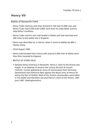 Henry VII Battle of Bosworth notes