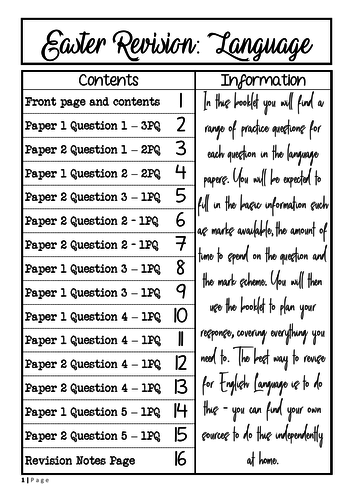 English Language Revision Booklet - inc. practice questions on paper 1 and 2