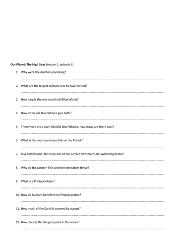 Our Planet The High Seas Worksheet Teaching Resources