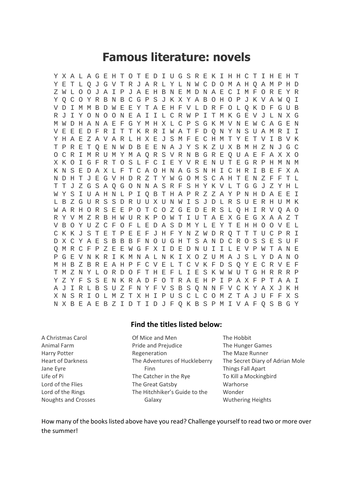 Famous novels word search