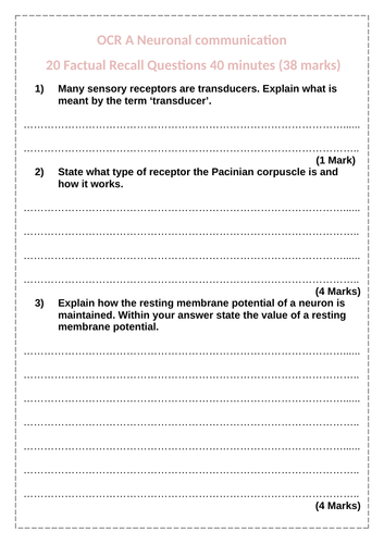Neuronal Communication OCR A Revision Questions
