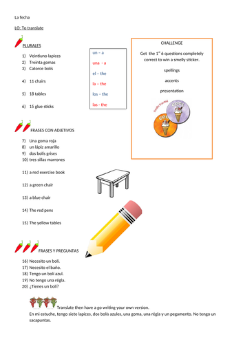 KS2 KS3 Translating Classroom Objects Worksheet