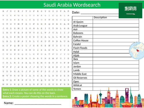 Saudi Arabia Wordsearch Sheet Starter Activity Keywords Cover Homework Geography Country
