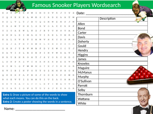 Snooker Players Wordsearch Sheet Starter Activity Keywords Cover Homework PE Physical Education