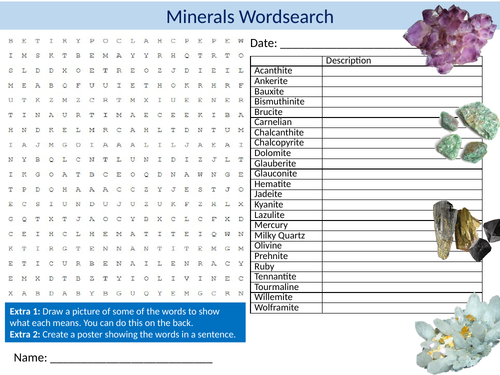 Minerals Wordsearch Sheet Starter Activity Keywords Cover Homework Geology Precious Stones