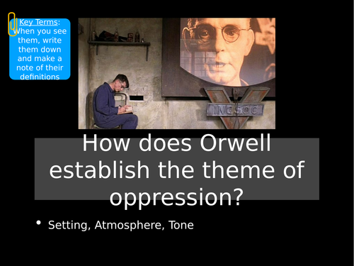 How is the theme of Oppression established in Orwell’s 1984
