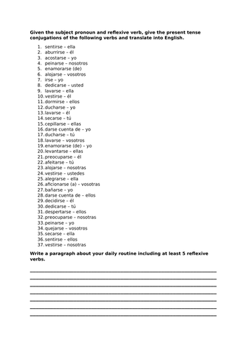 spanish reflexive verb worksheet teaching resources