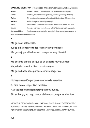Spanish Walking Dictation Lesson - sports/opinions/reasons/present tense