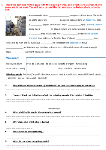 Past tense with "avoir" reading worksheet / Passé Composé