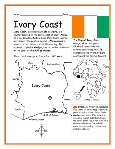 IVORY COAST - Introductory Geography Worksheet