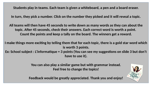 French - End of Year Vocabulary Game