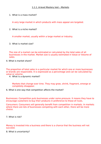 1.1.1 The Market Alevel Business 10 question quiz with teacher copy Edexcel specification