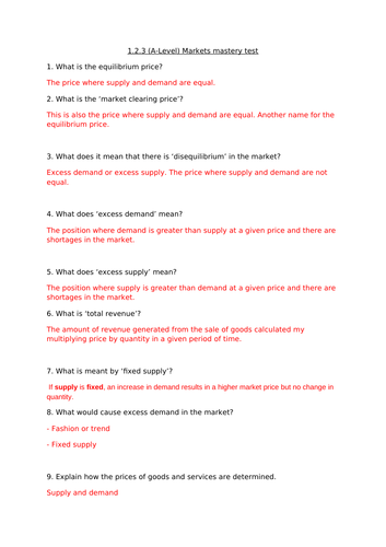 1.2.3 Mastery Markets Alevel business Edexcel 10 question quiz with teacher answers