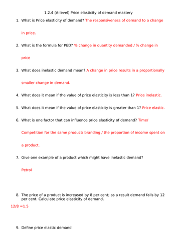 1.2.4 Price elasticity of demand mastery alevel edexcel - 10 question quiz with teacher answers