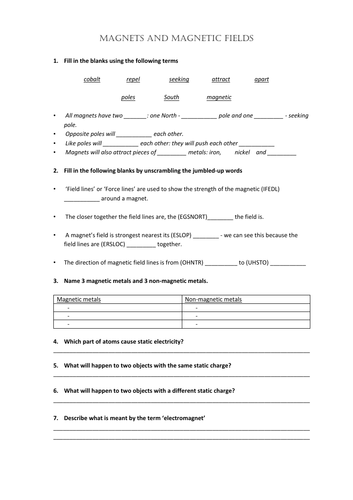 KS3 Magnets and Static Electricity worksheet