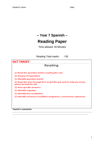 Y7 Spanish Reading Exam End of Read (Mira)