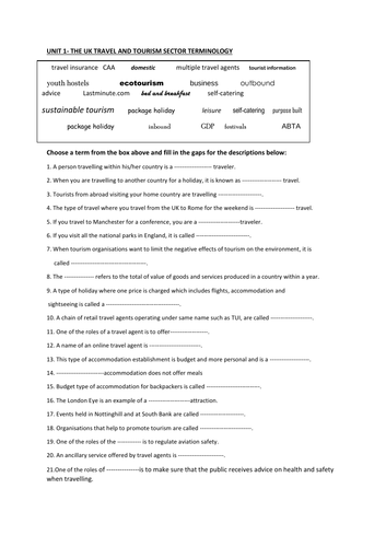 Unit 1 UK Travel and Tourism Sector Terminology Worksheet