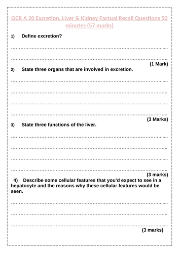 Excretion, Liver & the kidney OCR A Revision Questions