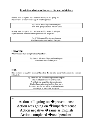 Explanation and worksheet looking at 'depuis', 'pendant' and 'venir de'.