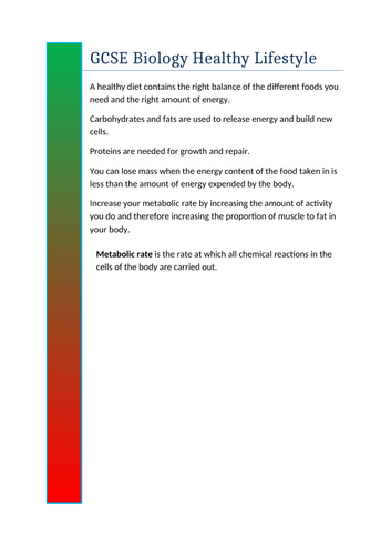 GCSE Biology Healthy Lifestyle Revision Poster and Presentation