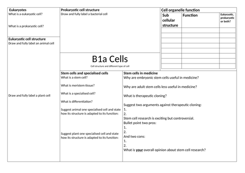 AQA B1 cells chapter summary sheet A3