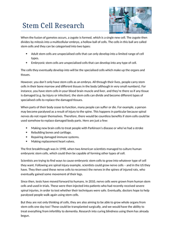 GCSE Biology Stem Cell Notes Sheet