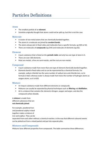 GCSE Chemistry Key Definitions Sheet