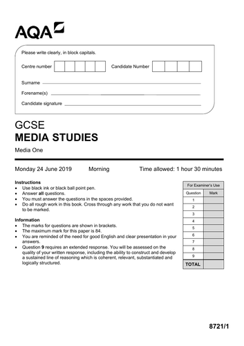 AQA GCSE Media Studies PAPER 1 Mock (Set 1)