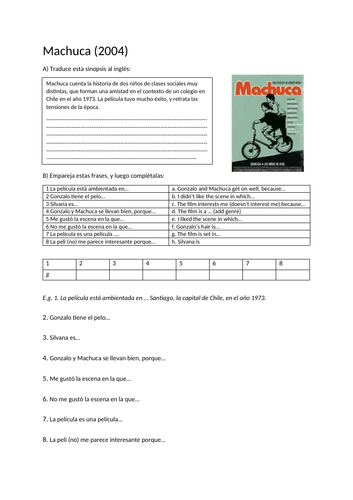 Simple worksheet to accompany Andrés Wood's 2004 film Machuca