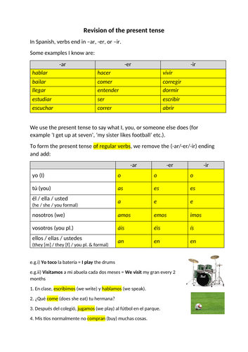 Worksheet to review the present tense in Spanish (regular verbs, irregular verbs and boot verbs)